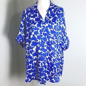 Alfani Blue & White Floral Blouse, Short Sleeves, Size XL